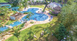 Aerial view of pool and zipline at Chukka Cove Eco-Adventure Good Hope in Trelawny, Jamaica.