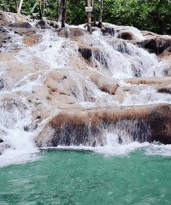 Cascading limestone terraces of Dunn’s River Falls in Ocho Rios, Jamaica.