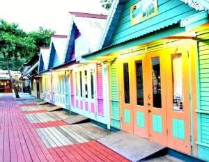 Colourful boardwalk shops and kiosks at Island Village in Ocho Rios, Jamaica.