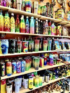 Jamaica souvenir drinkware including colourful bottles and tumblers in Ocho Rios.