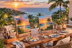 Paint and sip setup at a luxury villa in Jamaica overlooking a tropical sunset with ocean views.
