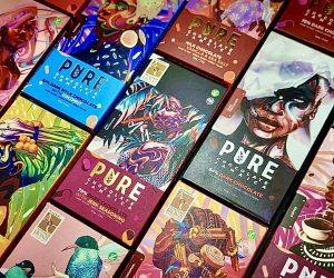Pure chocolate display of chocolate bar options.