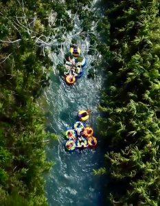 Aerial view of river tubing on the Rio Bueno near Discovery Bay Jamaica.