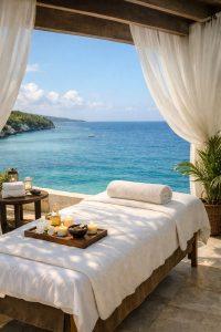 Massage bed set up for a spa treatment overlooking the sea at a private villa in Jamaica.
