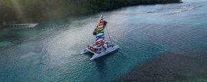 Chukka catamaran sailing near Dunn’s River Falls in Ocho Rios, Jamaica.