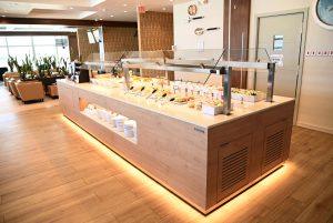 Buffet and lounge area at Club Mobay VIP airport lounge in Montego Bay, Jamaica.