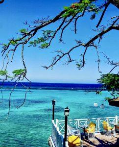 Turquoise Caribbean Sea view from The Almond Tree Restaurant in Ocho Rios, Jamaica.