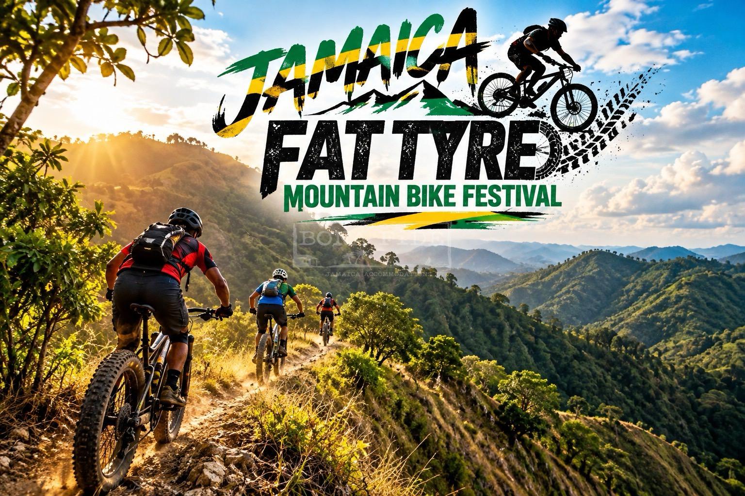Photorealistic illustration of the Jamaica Fat Tyre Mountain Bike Festival, featuring mountain bikers navigating a rugged hillside trail with dramatic mountain ridges, lush tropical vegetation and golden sunlight in Jamaica.