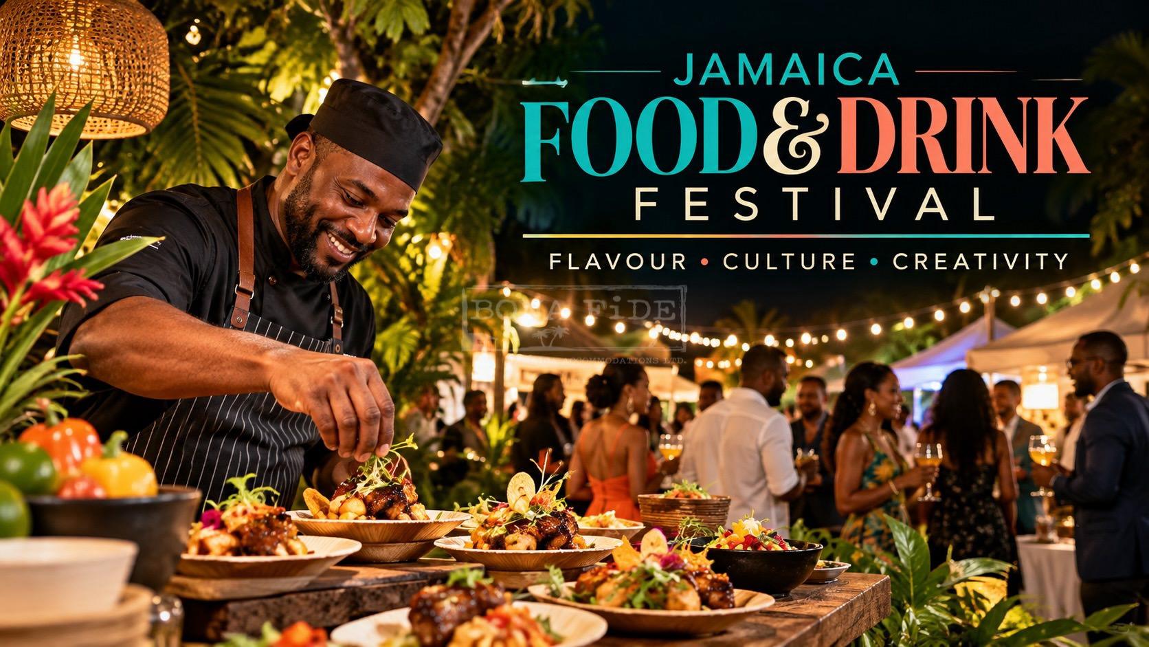 Photorealistic illustration of the Jamaica Food & Drink Festival, featuring a Jamaican chef preparing gourmet dishes at an outdoor culinary event with food tasting stations and guests socialising under tropical lights.
