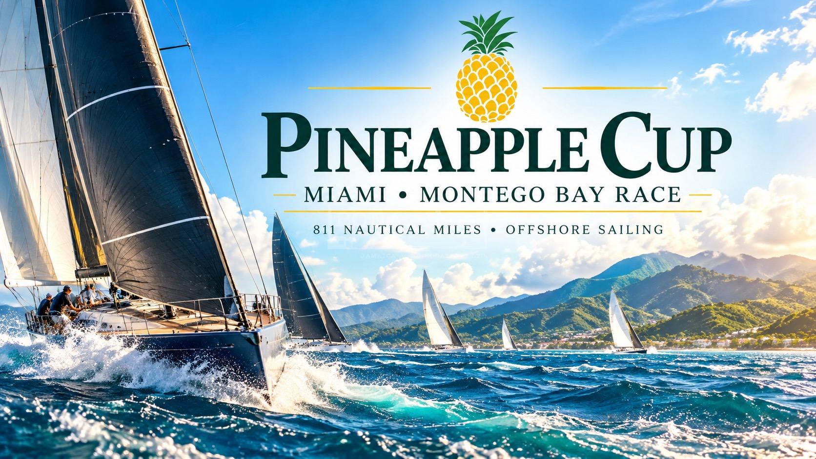 Colourful illustration of the Pineapple Cup yacht race, featuring offshore sailing yachts racing towards Jamaica beneath the event's pineapple emblem.