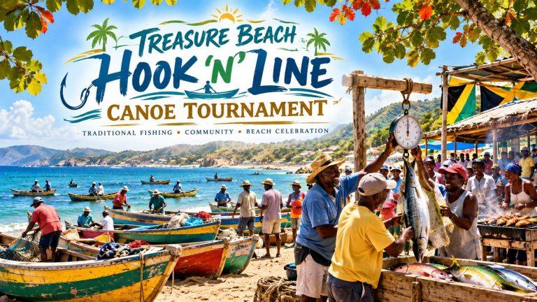 Colourful illustration of Treasure Beach's Hook 'n' Line Canoe Tournament in Jamaica, featuring traditional fishing boats, a fish weigh-in, local fishermen and beachside food stalls.