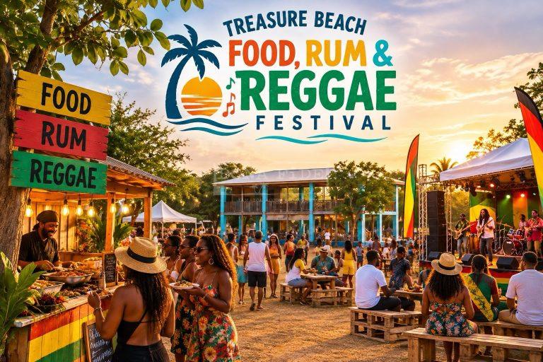 Photorealistic illustration of the Treasure Beach Food, Rum & Reggae Festival in Jamaica, featuring Jamaican food stalls, live reggae music and festivalgoers enjoying an open-air celebration, with a turquoise two-storey building in the background.