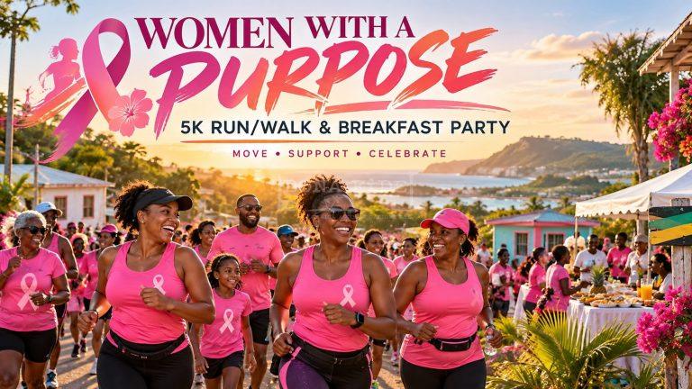 Photorealistic illustration of the Women With a Purpose 5K Run/Walk & Breakfast Party in Treasure Beach, Jamaica, featuring participants dressed in pink running together near the coast in support of breast cancer awareness.
